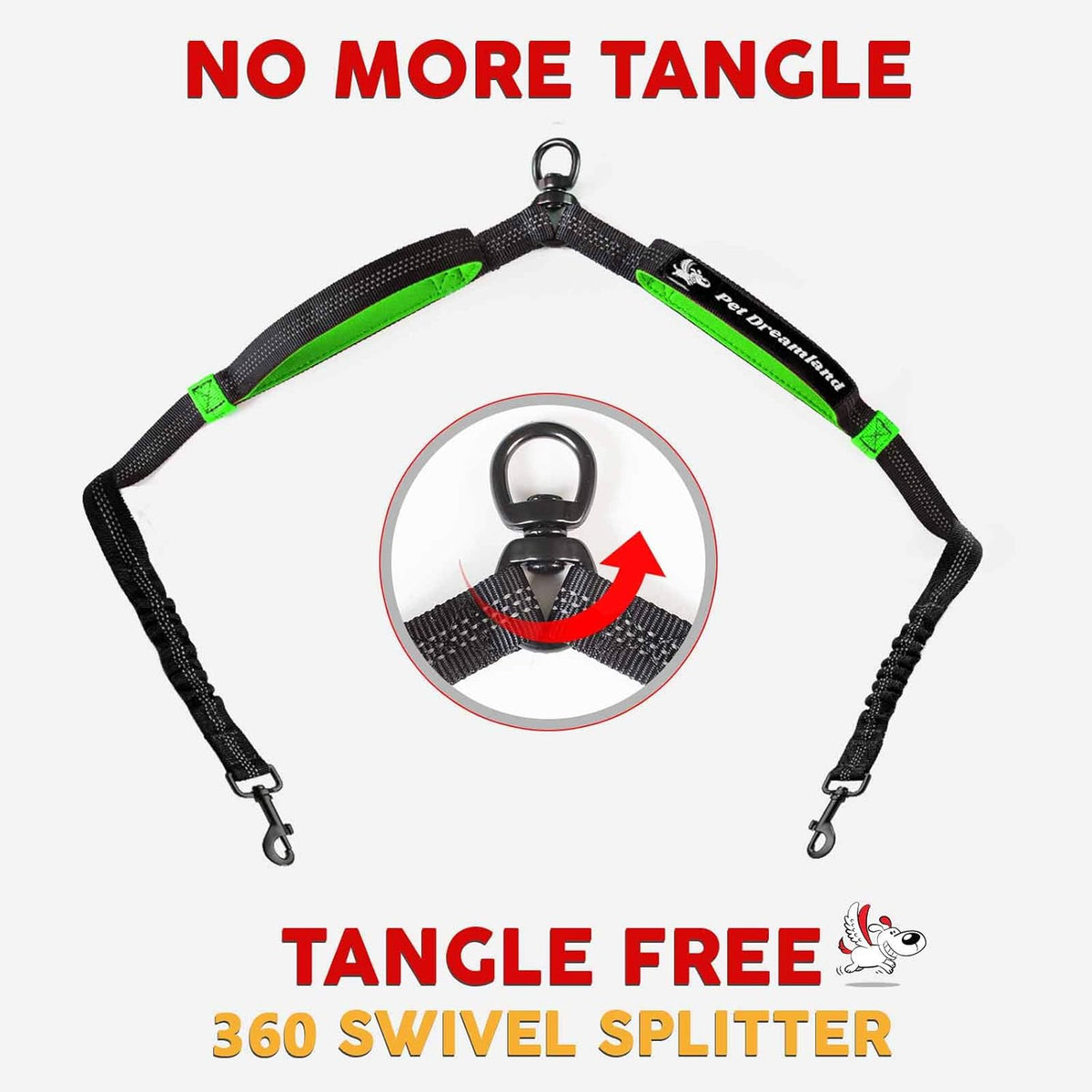 Exquisite Double Dog Coupler No Tangle Swivel for Two Medium Dogs. Premium Quality Attachment for Easy Dog Walking. You Will Absolutely Love This Amazing Gear (Black & Green)