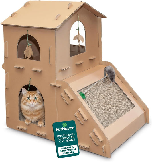 Multi-Level Cardboard Cat House for Indoor Cats with Catnip and Toys, Double-Walled Corrugated Scratcher for Lounging, Play, and Comfort, One Size, Brown